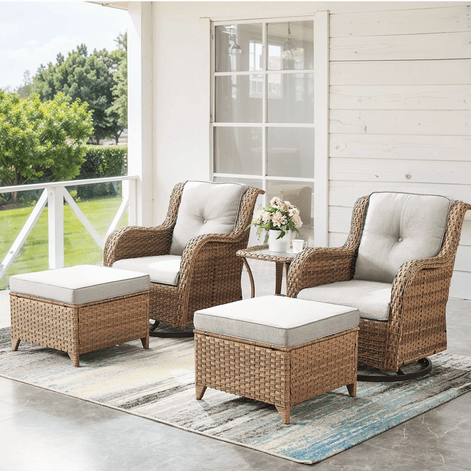 PARKWELL 5-Piece Outdoor Conversation Sets,Wicker Swivel Gliders with Ottomans,Side Table,Patio Seating Furniture with Beige Cushions,Yellow Wicker