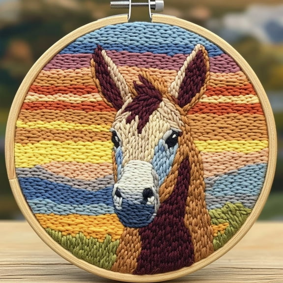 DIY Punch Needle Kits Donkey with Sunset Easy for Beginners Punch Needle Yarn Starter Embroidery Set for Craft lovers with Hoop for Home Decoration 20x20cm(2)
