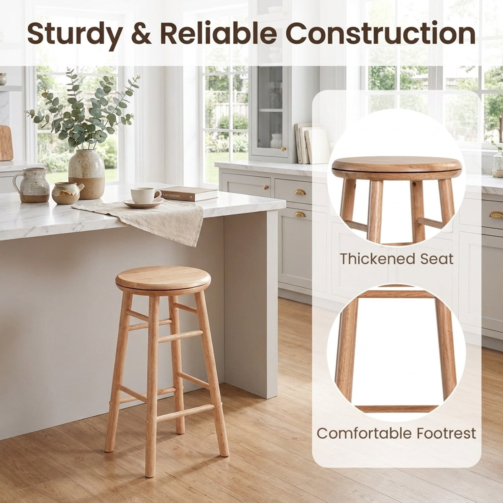 Furnibear 24" Swivel Bar Stools Set of 2 with Footrests & Crossbars for Kitchen Island Counter Bar Pub Dining Home, Natural