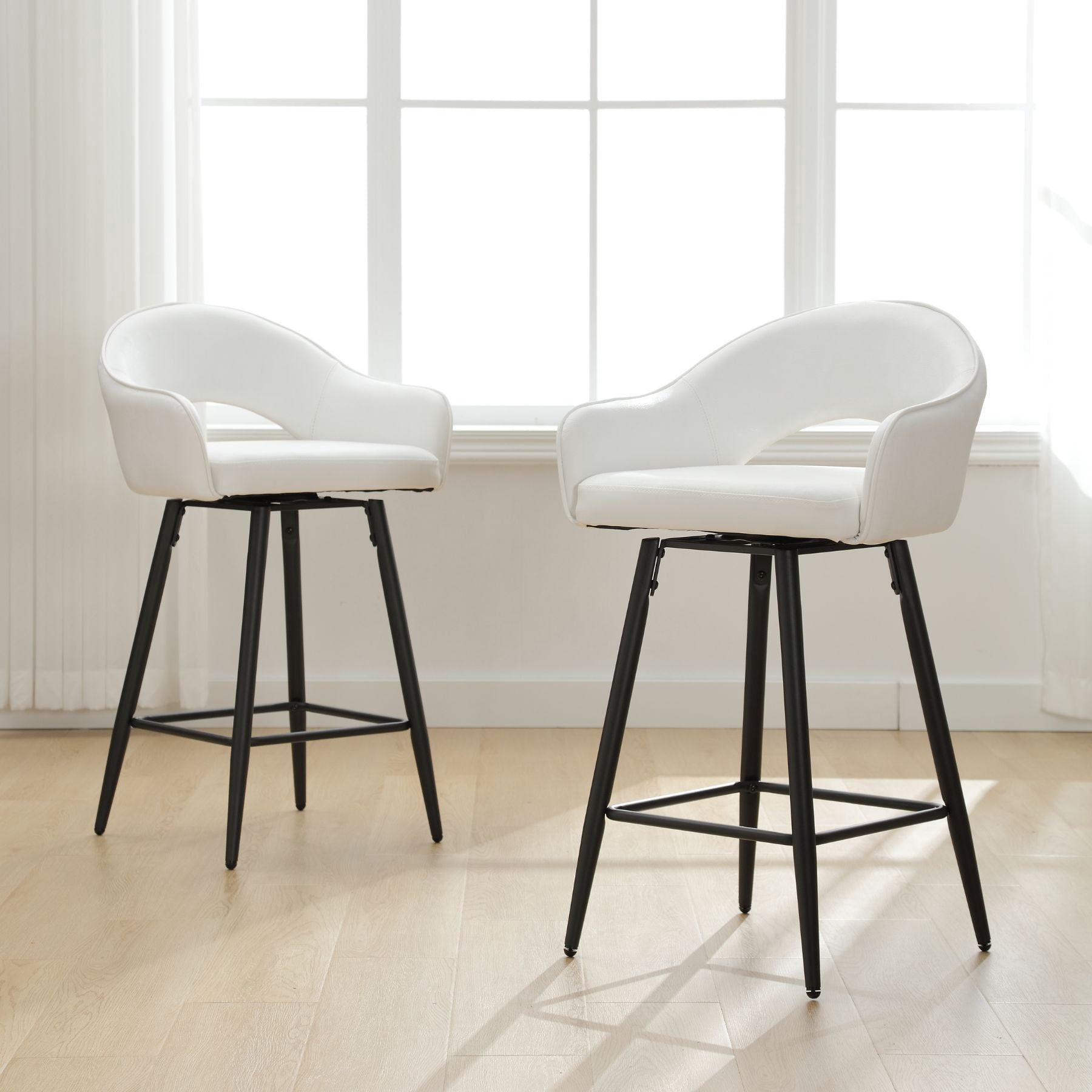 27" Modern Swivel Bar Stools Set of 2, PU Upholstered Counter Height Stools with Metal Legs, Hollow Curved Backrest for Kitchen Island, Home Bar, Bistro,White