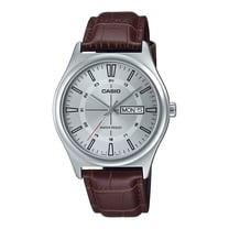 Casio Men’s Silver Dial Day Date Analog Watch with Brown Leather Strap -