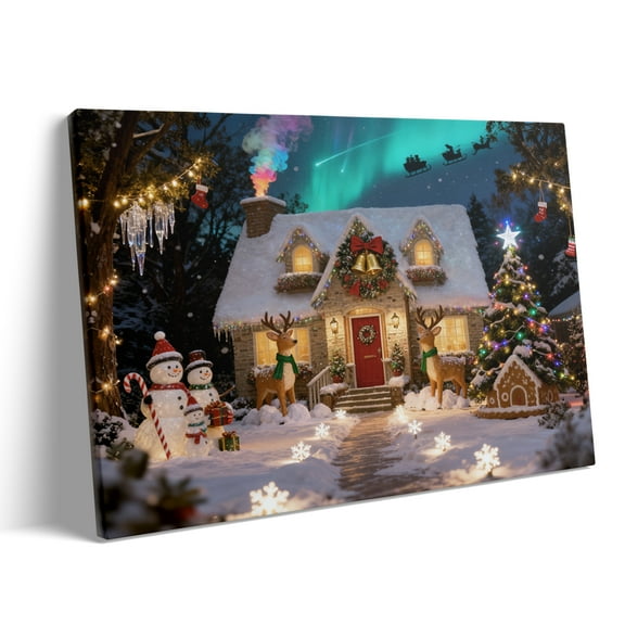 P&L Art Northern Lights Christmas House Canvas Wall Art, Festive Decor with Snowman, Reindeer & Santa Sleigh, Framed Canvas Print