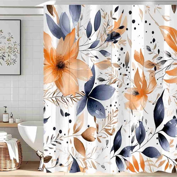 70x70 inch Navy and Orange Abstract Watercolor Floral Shower Curtain, Waterproof Polyester Fabric with Hooks for Bathroom Decor