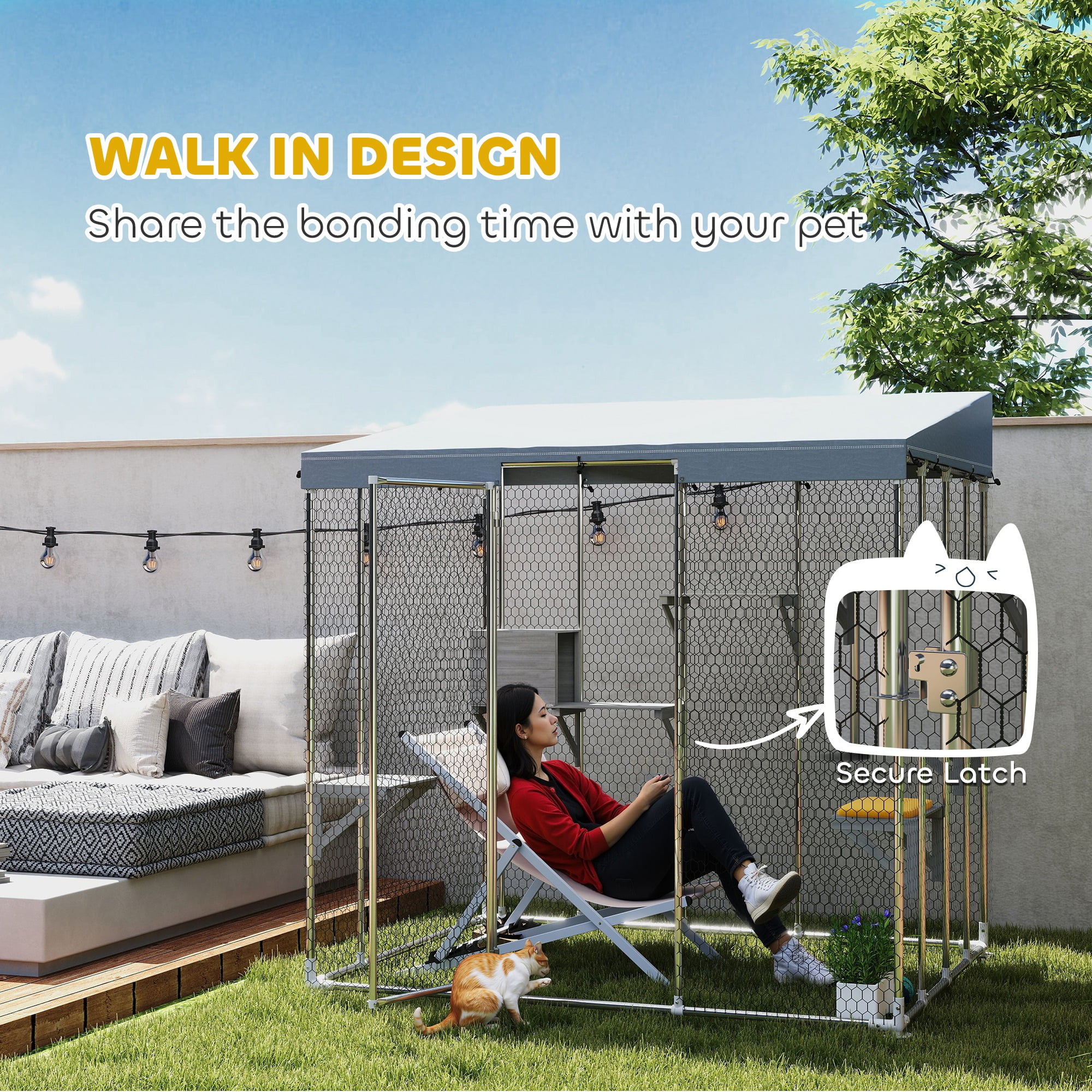 PawHut Large Catio Outdoor Cat Enclosure, Galvanized Steel Outdoor Cat House with 420D Waterproof Canopy for 1-3 Large Cat, Walk-in Cat Cage, Silver
