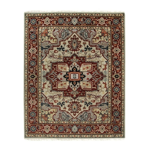 EORC Ivory Hand Knotted Wool Traditional Oriental Design Weave  Rug, 8' x 10'
