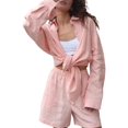 thumbnail image 2 of Women'S Cotton Cardigan Long Sleeve Top and Shorts Set Minimalist Solid Color Loungewear Outfit Light Pink M, 2 of 8