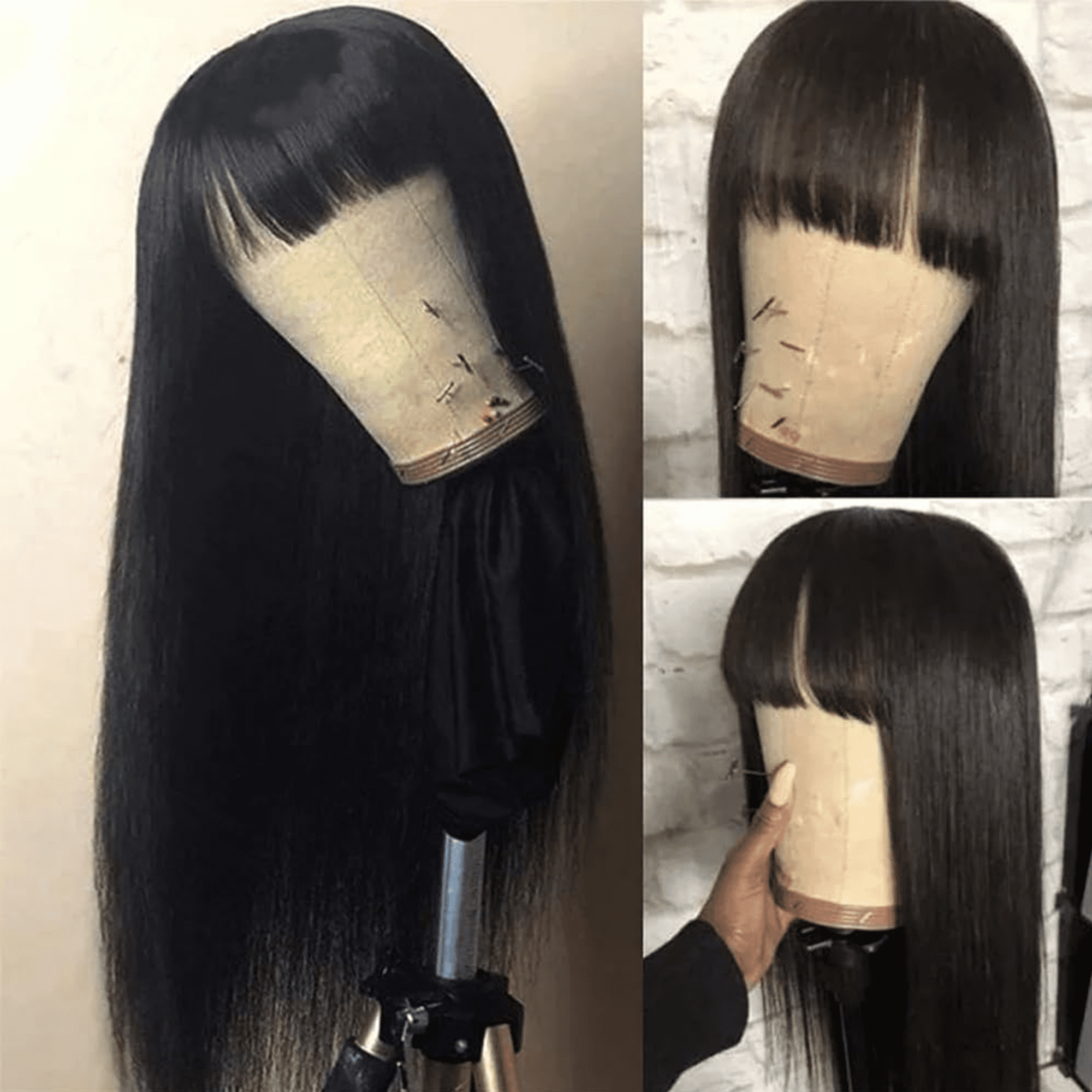Morovan 22" Long Black Wig Straight Black Wigs with Bangs Human Hair Wigs for Black Women Glueless Wigs for Women Black Long Bob Wigs