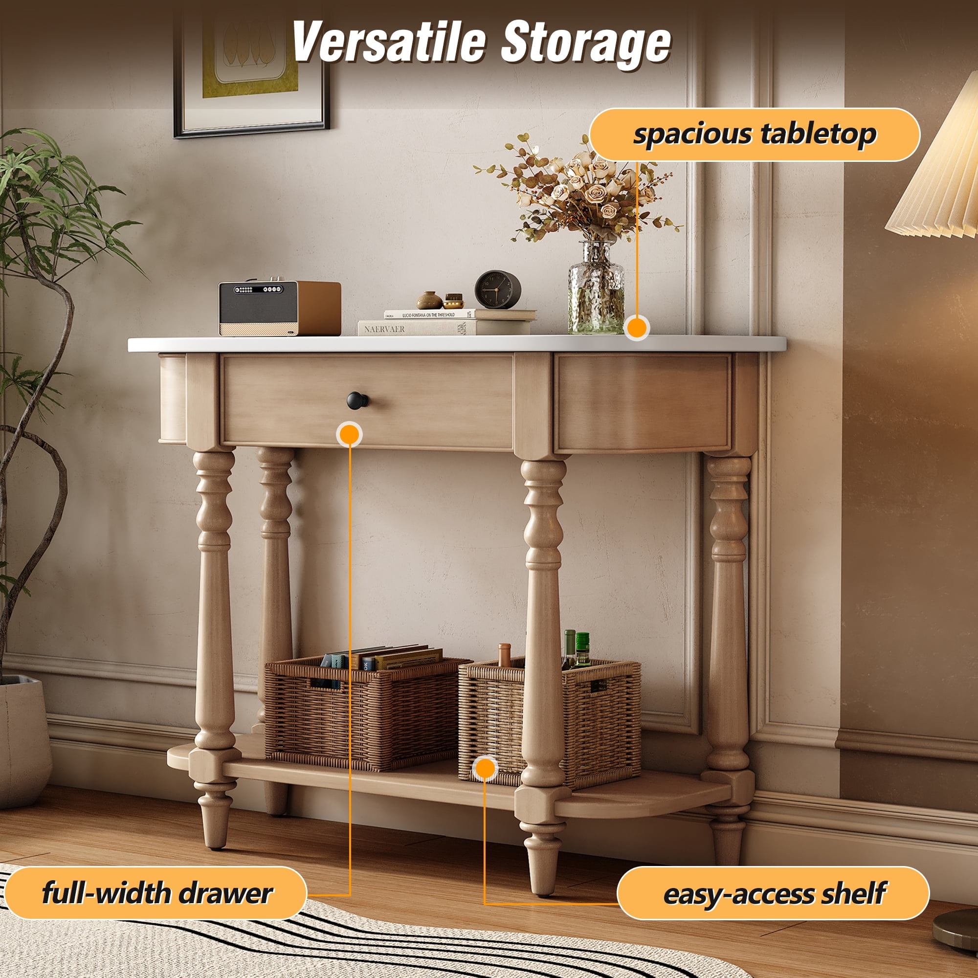 EUROCO 36" Retro Console Table with Drawer,Solid Wood Entryway Table Sofa Table with Open Storage Shelf and Corner-Curved Design for Entryway, Hallway and Living Room,Beige