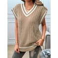 thumbnail image 2 of Oversized Sweater Vest for Women V Neck Cap Sleeve Cable Knit Vest Loose Striped Pullover Tank Tops Khaki S, 2 of 8