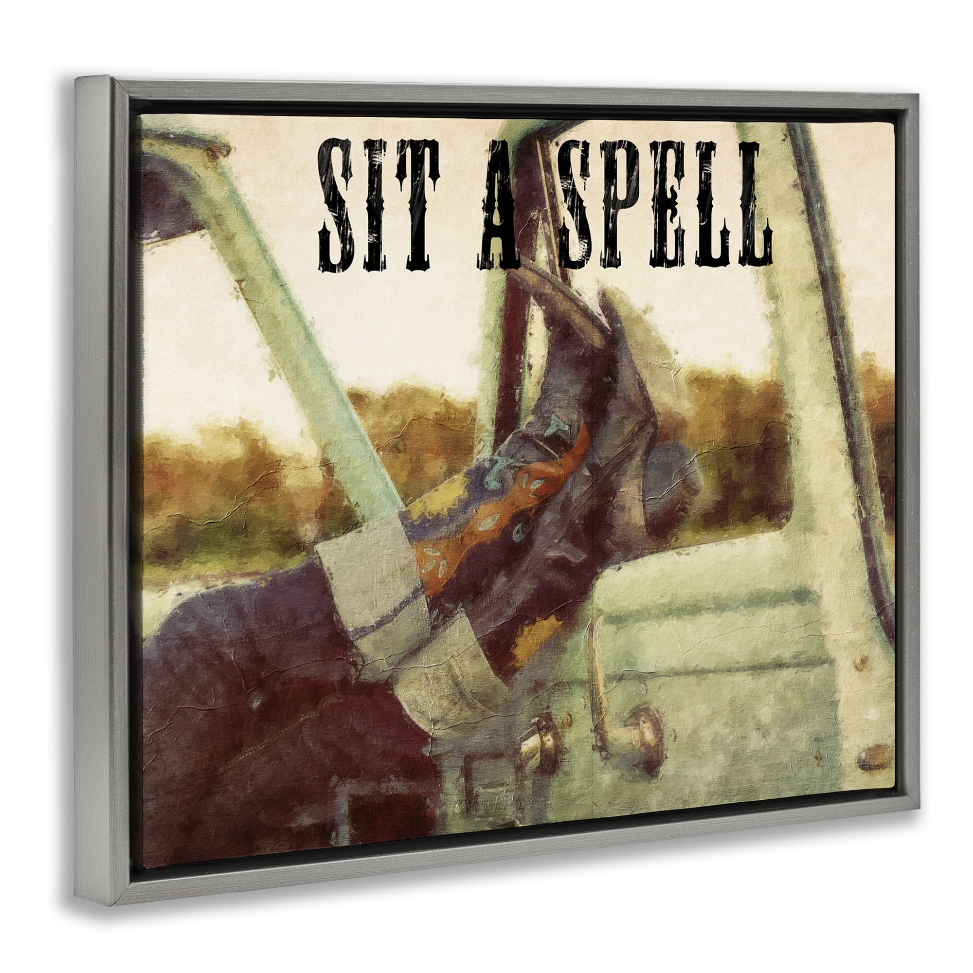 Stupell Industries Sit A Spell Cowboy Typography Painting Gray Floater Framed Art Print Wall Art, 31 x 25