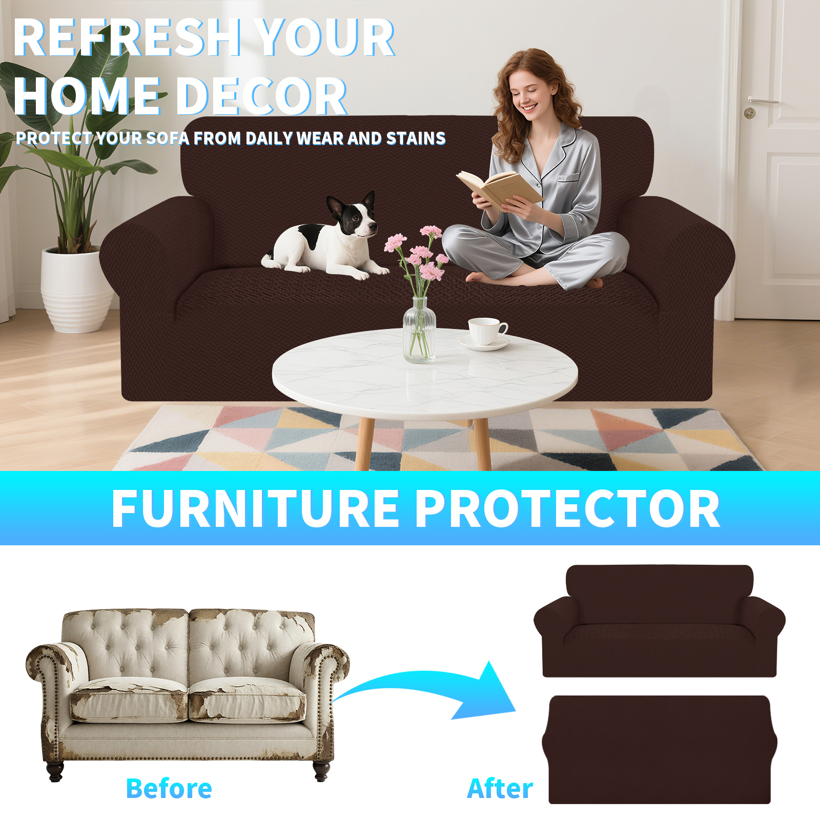 Debonair Stretch Jacquard Couch Cover with 1 Pillowcase, 1-Piece Soft Sofa Cover, Sofa Slipcover with Anti-Slip Foams, Washable Furniture Protector for Pets (Loveseat, Chocolate)