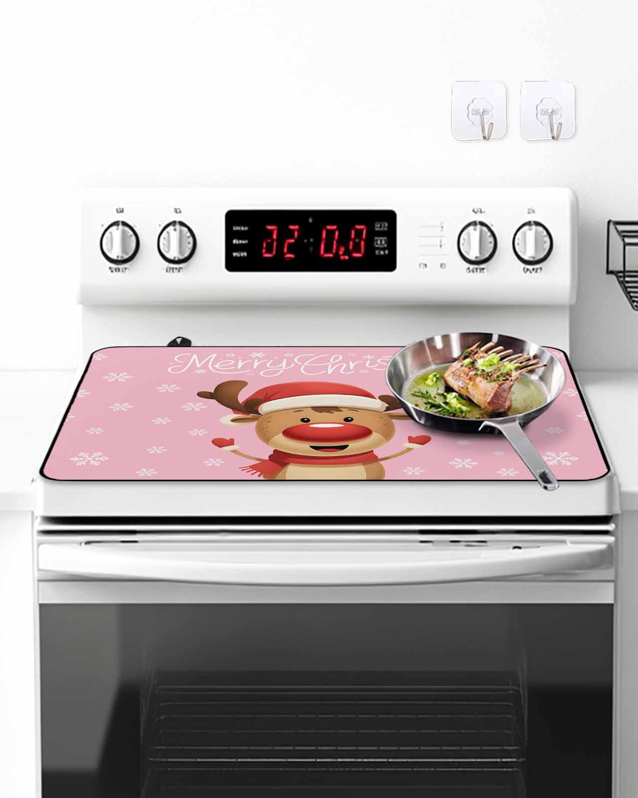 Stove Top Covers for Electric Stove, Merry Christmas Glass Stovetop Cover Protector, Pink Winter Xmas Hat Deer Snowflake Induction Cooktop Protector Oven Mat for Kitchen Countertop 24"x21"