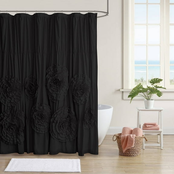 HIG Boho Ruffled Shower Curtain - Oversized Floral Print, Heavy Fabric with Elegant Draping for Bathroom, 72"x72", Black