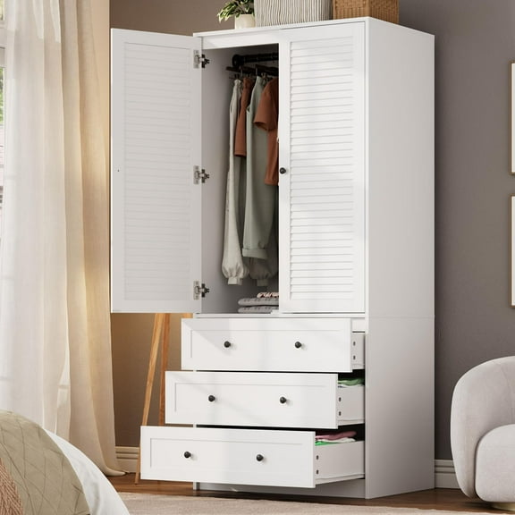 Soonbuy Wardrobe Closet with Drawers, 69.5" Wooden Wardrobe Cabinet with Hanging Rod, 2 Doors Clothing Storage Cabinet for Bedroom, Large Capacity Storage, Louvered Door