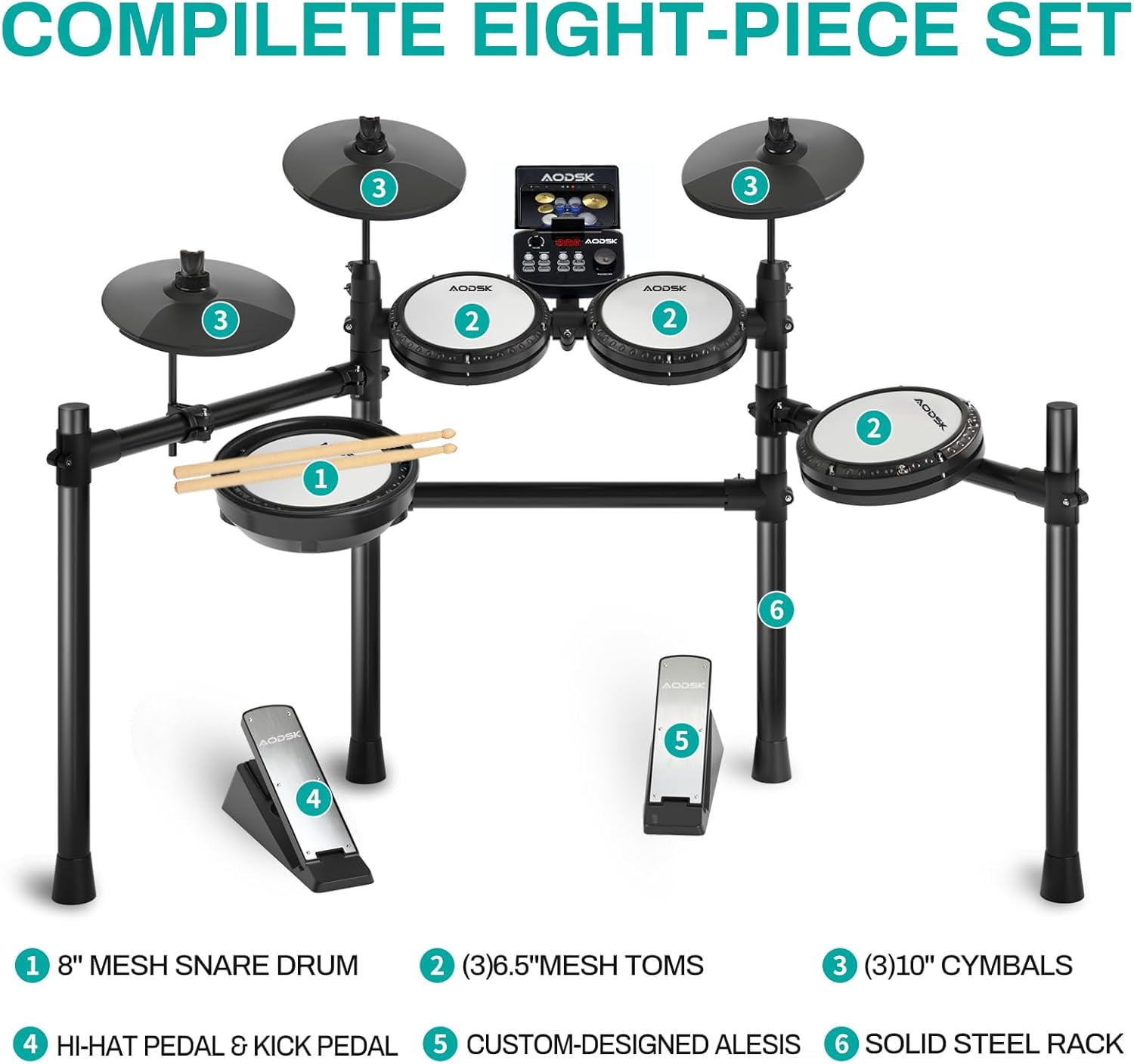 AODSK Electronic Drum Set 403PRO, Quiet Mesh Pads, 260 Sounds, 30 Kits, 20 Songs, with Sticks, Headphones, Throne, for Beginner