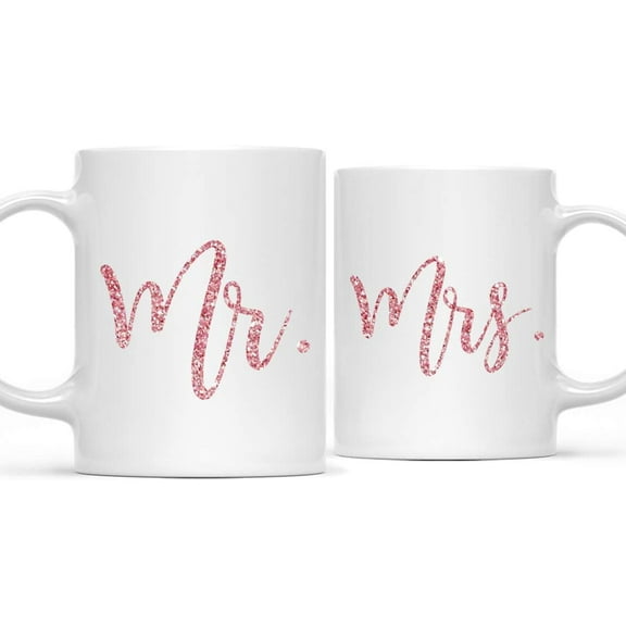 CTDream Wedding Party Couple 11oz. Coffee Mug Gift, Mr. and Mrs., Blue and Faux Pink Glitter, 2-Pack, Bridal Shower Engagement Anniversary Present Ideas