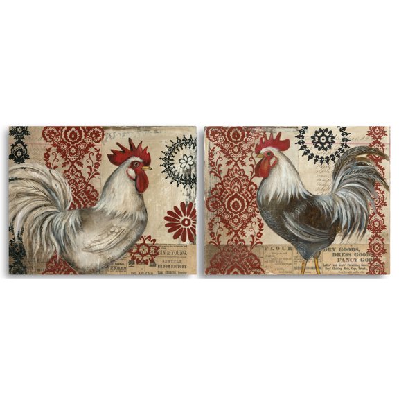 Red and Tan Country Rustic Roosters Set, Adult Decor; 2- 14" x 11" Unframed Prints