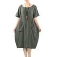 thumbnail image 2 of Women's Cotton Linen Dresses Short Sleeve Baggy Loose Summer Clothing w/Hi-Low Pockets Armygreen M, 2 of 5