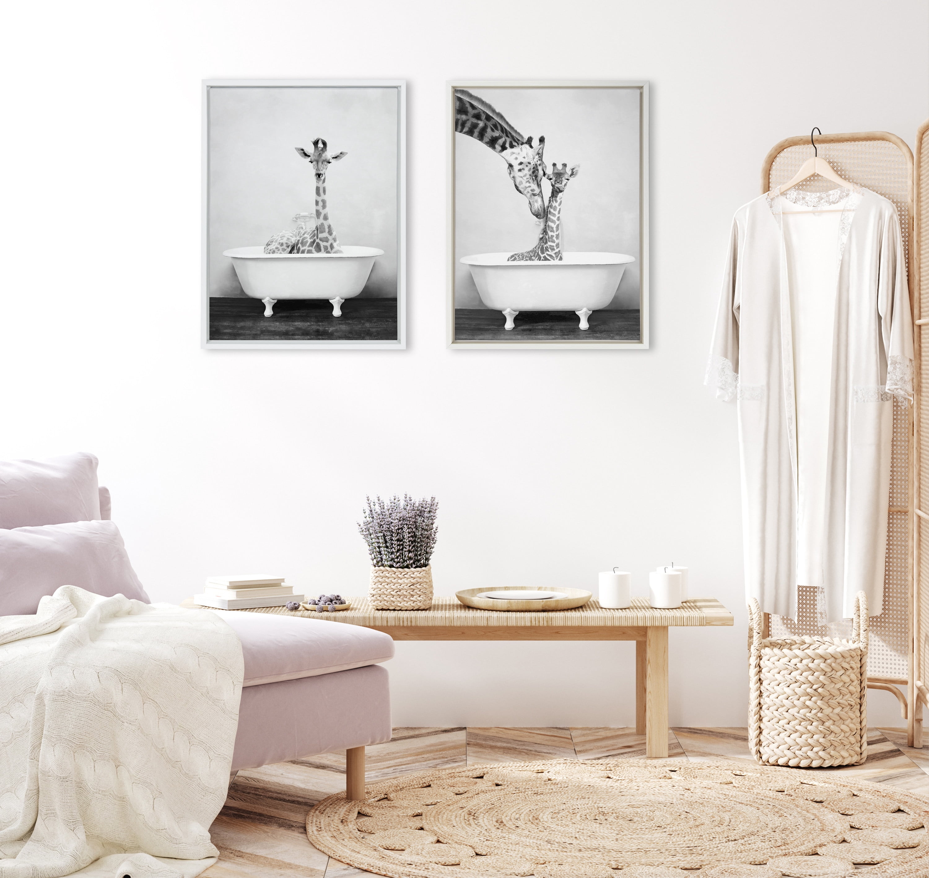 Kate and Laurel Sylvie Giraffe In Tub Framed Canvas Wall Art by Amy Peterson Art Studio, 18x24 White, Modern Fun Decorative Bathtub Wall Art for Home Décor