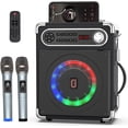 thumbnail image 2 of JYX Máquina de karaoke con dos micrófonos inalámbricos, altavoz Bluetooth portátil con ajuste de graves/agudos, sistema PA con control remoto, luces LED, compatible con tarjeta TF/USB, entrada auxilia, 2 of 4
