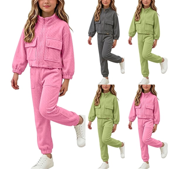ITSAME Girls Outfits 2-Piece Long Sleeve Zipper Coat & Tapered Pants Spring Fall Fashion Casual Set Green Size 6