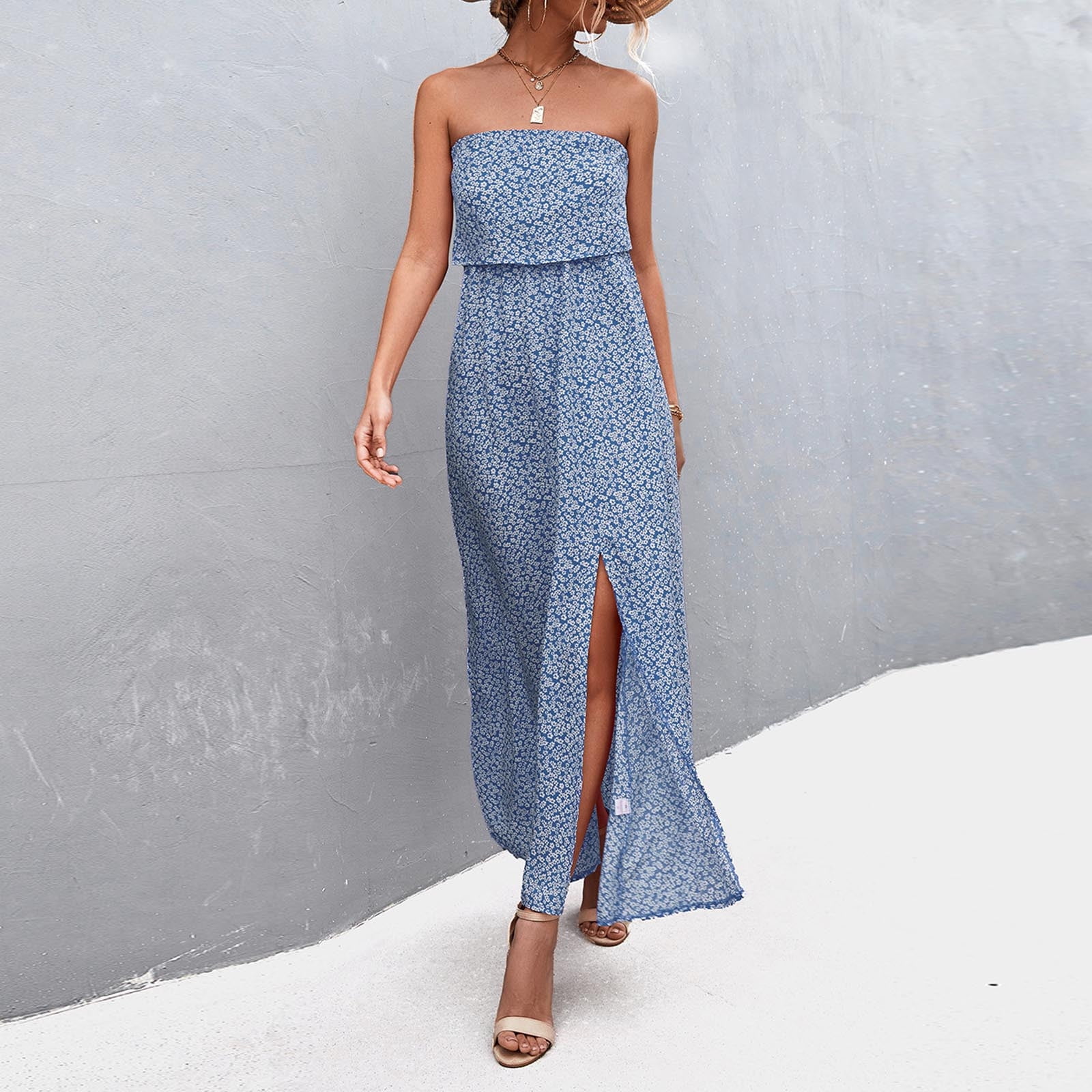 VKEKIEO Women's Summer Maxi Long Dresses Tube Top Sleeveless Side