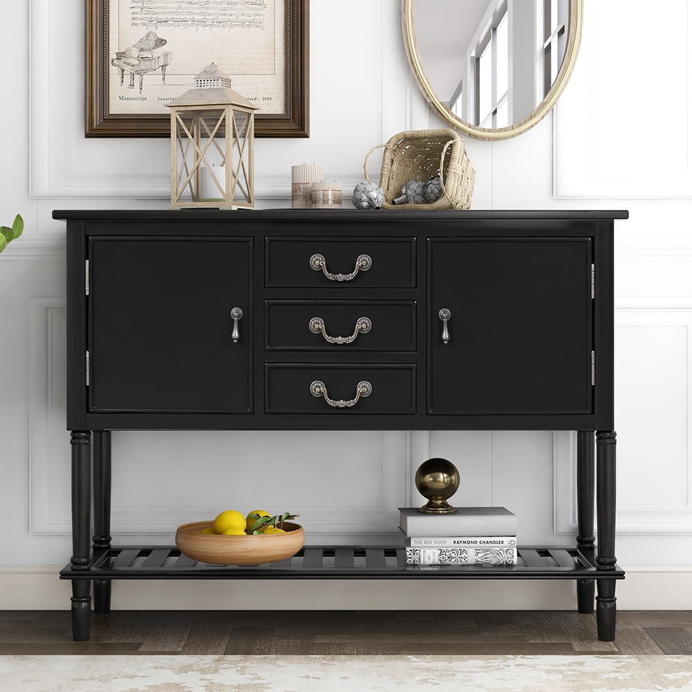 Lowestbest 45" Farmhouse Accent Entryway Table, Entry Table with 3 Drawers, 2 Cabinets and 1 Shelf (Black) Lowestbest 45" Farmhouse Accent Entryway Table, Entry Table with 3 Drawers, 2 Cabinets and 1 Shelf (Black)