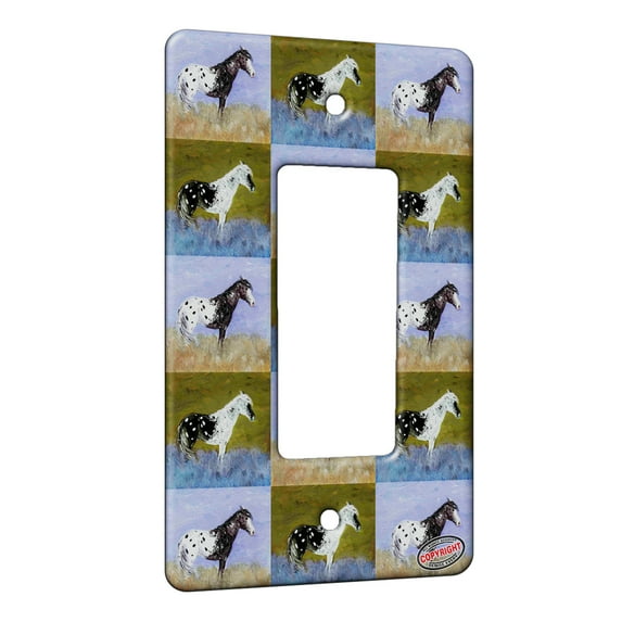 KuzmarK™ 1 Gang Rocker Wall Plate - Black Blanket Appaloosa Mustang Wild Horse Pattern Art by Denise Every