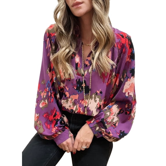 HOTAPEI Womens Shirts Casual Boho Abstract Print Lantern Long Sleeve Shirts Satin V Neck Blouses Tops