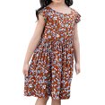 thumbnail image 4 of PEASKJP Girls Dresses Summer 2023 Round Neckline Floral Prints Ruffle Hem Sleeve Relaxed Fit A-Line Foraml Dresses Brown 140, 4 of 4