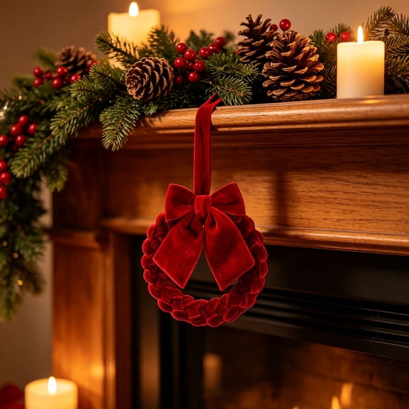 FXMLRLK Christmas Red Velvet Wreath 8.86" Christmas Decorations Front Door Wreath Decor Christmas Wreath Ornament with Bow for Outdoor Indoor Party Table Fireplaces Porch Walls New Years