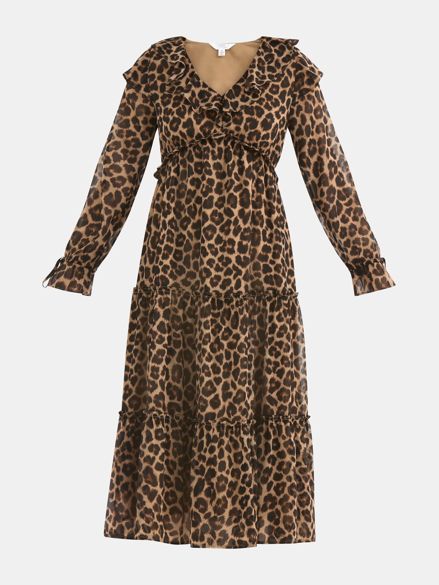 Time and Tru Women's and Women's Plus Ruffle Tiered Midi Dress with Long Sleeves, Sizes XS-4X