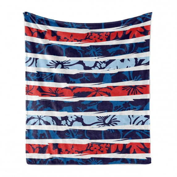 Exotic Soft Flannel Fleece Blanket, Tropical Hibiscus Flower Beach Theme Vivid Color Scheme Floral Arrangement, Cozy Plush for Indoor and Outdoor Use, 70" x 90", Indigo Red Baby Blue, by Ambesonne