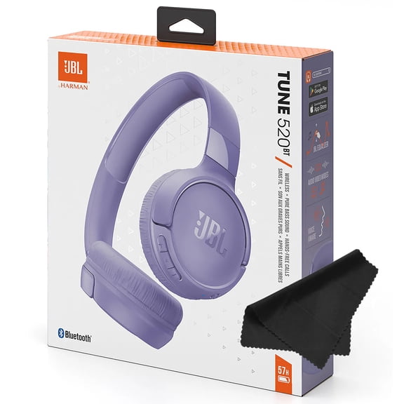 JBL Tune 520BT Wireless Bluetooth On-Ear Headphones with Mic & Pure Bass Stereo Sound - Purple - Voice Assistant - With Cleaning Cloth - Sold without manufacturer warranty