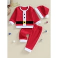thumbnail image 3 of Toddler Girls Boys Christmas Outfits 6M 12M 18M 24M 3Y 4Y 5Y Belt Buttons Patchwork Long Sleeve Tops Pants Santa Hat 3Pcs Fall Clothes Set, 3 of 10