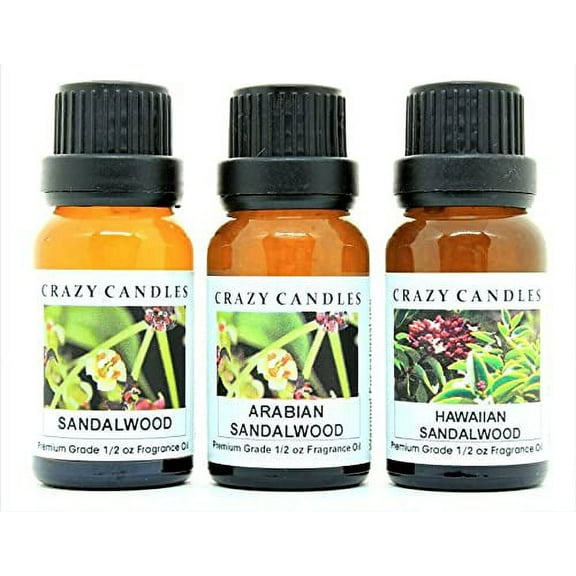 Crazy Candles 3 Bottles Set, 1 Hawaiian Sandalwood, 1 Sandalwood, 1 Arabian Sandalwood 1/2 Fl Oz Each (15ml) Premium Grade Scented Fragrance Oils