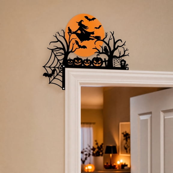 Halloween Door Decor Flying Witch Halloween Decor 10 Inch Spooky Halloween Decor with Black Cat Pumpkins for Front Porch Home Office Outdoor Halloween Decorations, 1 Pack