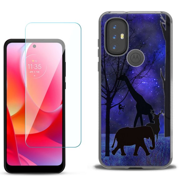 Slim-Fit Gel TPU Phone Case for Motorola Moto G Power 2022, with Tempered Glass Screen Protector, by OneToughShield ® - Midnight Safari