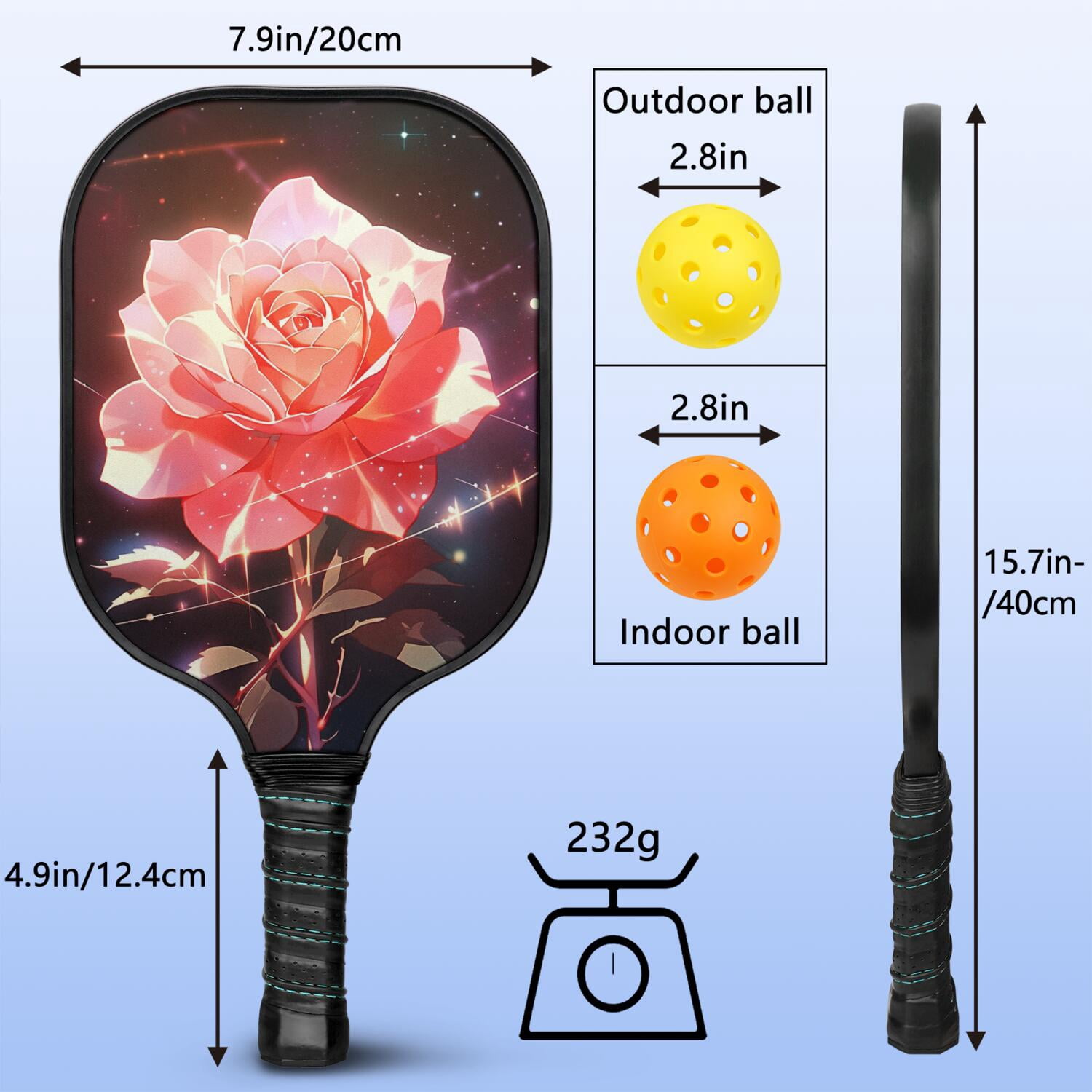 Pickleball Paddles Set Of 2, Fiberglass Surface, Rose, Floral Print, 4 Balls & Bag