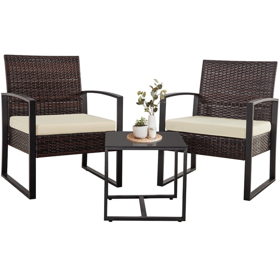 Ainfox 3 Piece Patio Bistro Set, Outdoor Furniture Set Wicker Rattan Chairs and Coffee Table Conversation Set,Beige