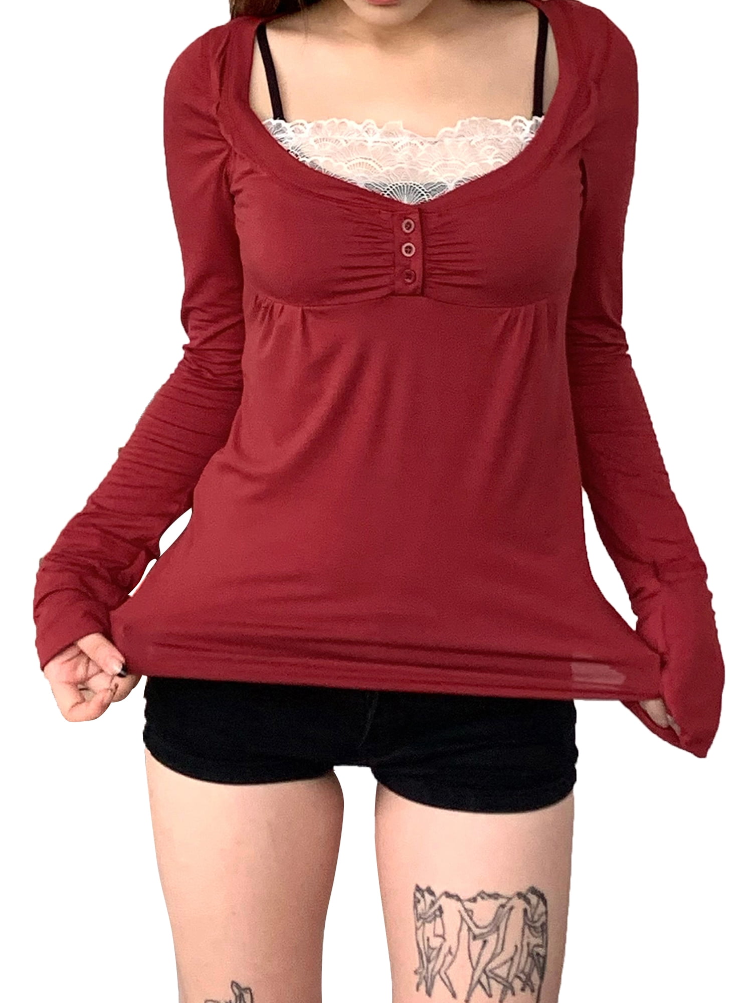 Women Y2K Lace Square Neck Patchwork Long Sleeve T-Shirt