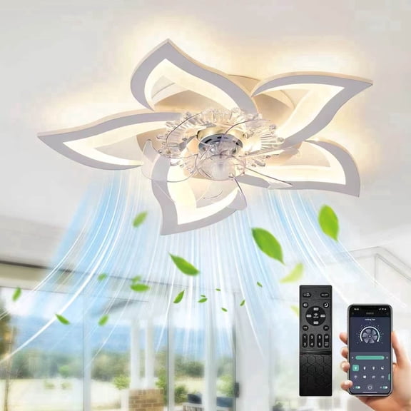 RRBEST White Ceiling Fan with Light, 27.2", Low Profile Flush Mount Fandelier with Remote/App, Dimmable LED for Bedroom, Kitchen, Living Room