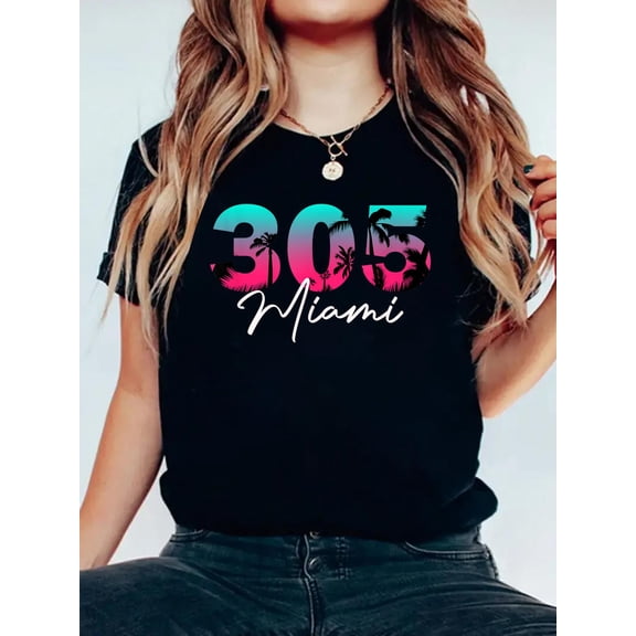 100% Cotton Retro Miami 305 Flamingo Colors T-Shirt Women's Graphic Tee Casual Tops