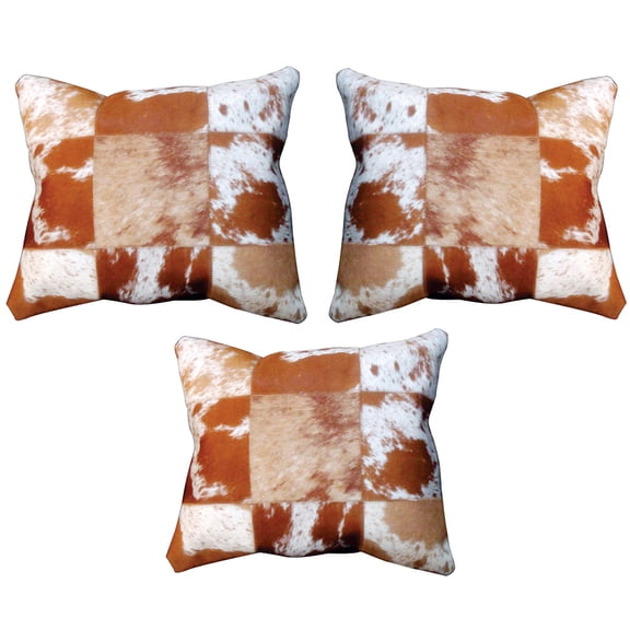 Hilason Set Of 3 Cowhide Leather Hair-On Patchwork Cushion Pillow Cover 16 X 16