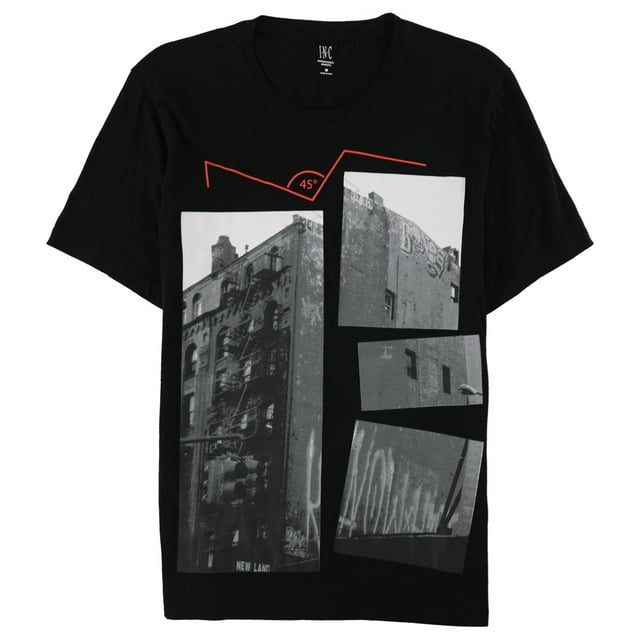 INC - Camiseta gráfica para hombre con diseño de edificio de 45 grados, color negro, talla mediana
