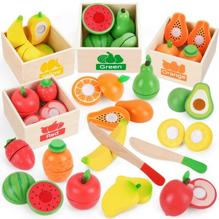 Fruit Sets - Kids Learning Toys for Toddlers 1-3, Play Kitchen Accessories Pretend Play Toys, Play Food Sets for Kids Kitchen, Wooden Fruit Preschool Toys for Girl Boy Christmas Birthday Gifts