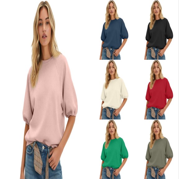 Arlun Womens Short Sleeve Sweatshirts Oversized Hoodless Crew Neck Puff Sleeved Pullovers Soft Loose Fit Comfortable Solid Color Casual Basic Tops Summer Fall Outfit 2026 1-White XL