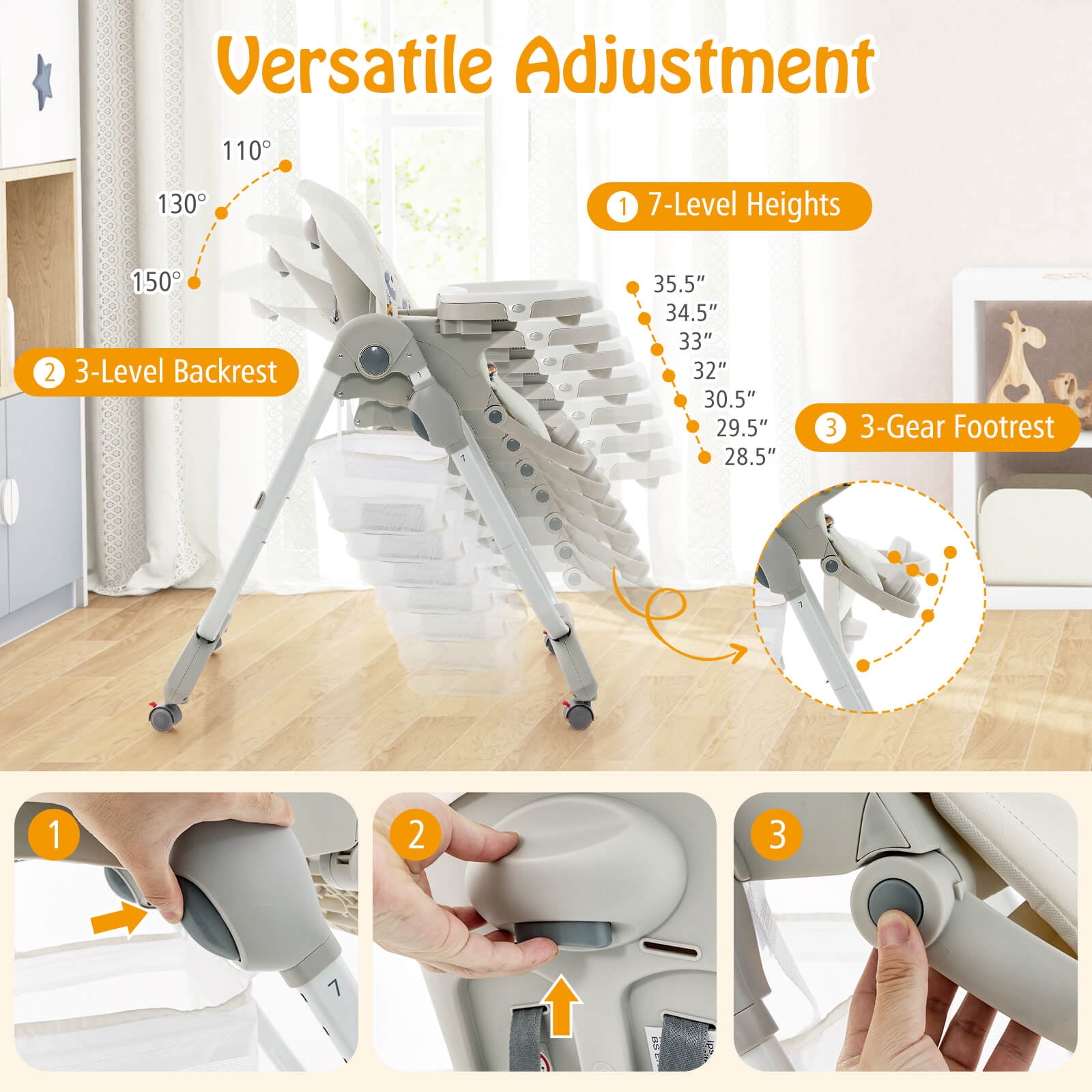 Infans High Chair for Babies & Toddlers w/ Rolling Wheels Adjustable Height Footrest