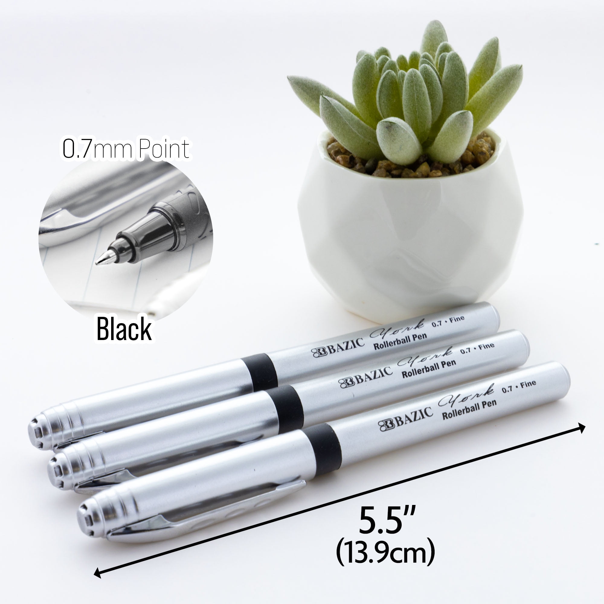 BAZIC York Black Color Rollerball Pen 0.7mm w/ Regulator, (3/Pack), 24-Pack