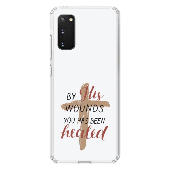DistinctInk Clear Shockproof Hybrid Case for Galaxy S20 ULTRA / 5G (6.9" Screen) - TPU Bumper, Acrylic Back, Tempered Glass Screen Protector - By His Wounds You Has Been Healed - Cross